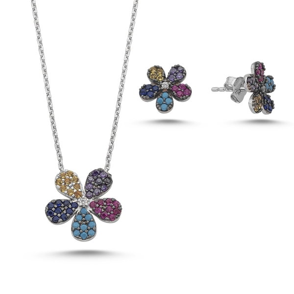 Set argint 925 rodiat cu floricele si zirconii multicolore - Be Nature STU0003 [1]